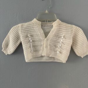 Vintage Baby White Knitted Cardigan With Ribbon Design